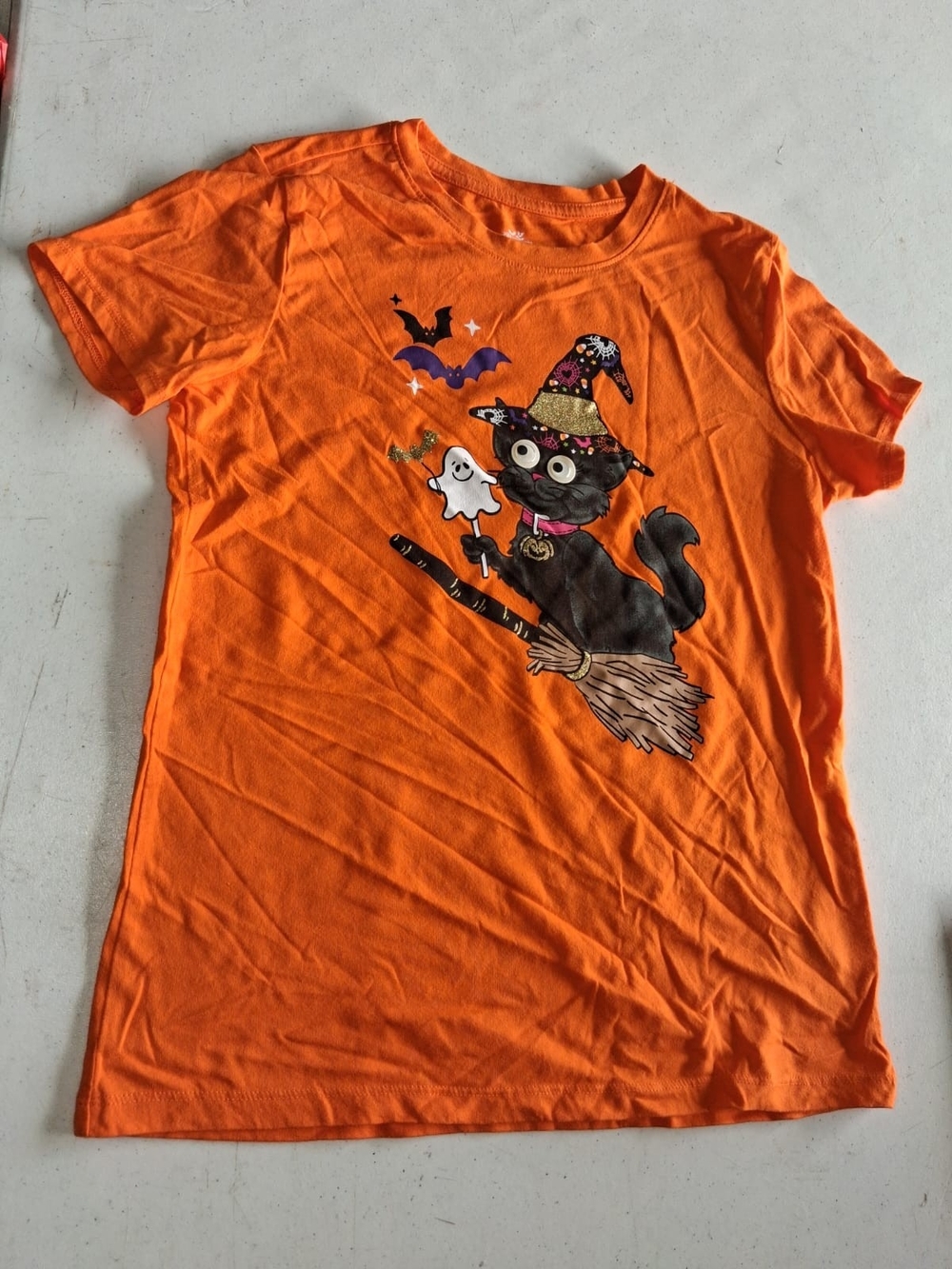 Kids Orange Halloween Cat Graphic Tee - Unbranded